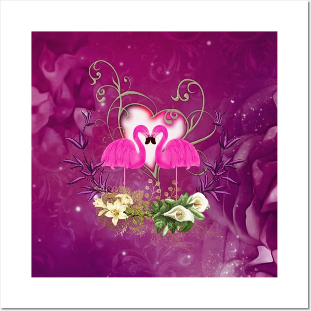 Flamingo in love, heart and flowers Wall Art by Nicky2342